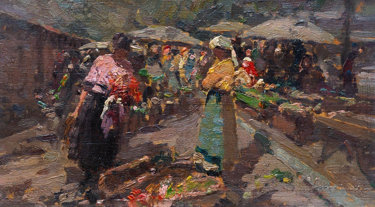 Olio su tavola, di Alessandro Lupo, "Mercato a Torino", firmato al retro, 1915