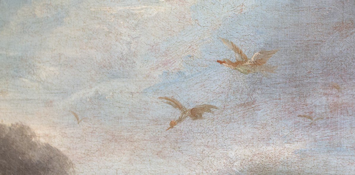 Att. Crivelli Angelo Maria, olio su tela, "Paesaggio con uccelli", Fine '600-photo-6