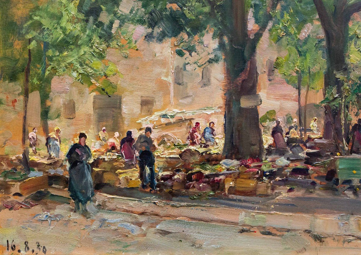 Carlo Follini, "Scena di Mercato", olio su tavola, firmato e datato 1930-photo-2