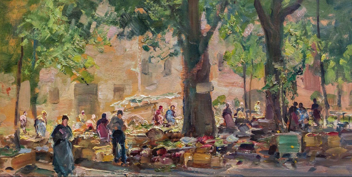 Carlo Follini, "Scena di Mercato", olio su tavola, firmato e datato 1930-photo-5