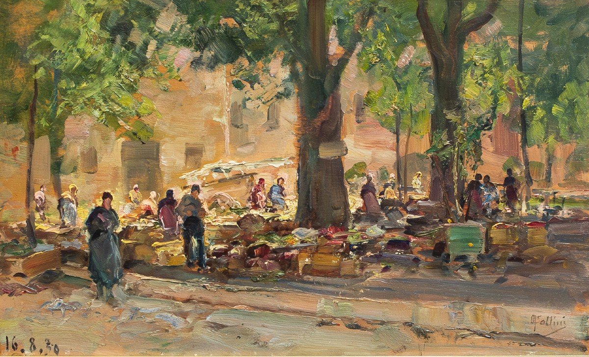 Carlo Follini, "Scena di Mercato", olio su tavola, firmato e datato 1930