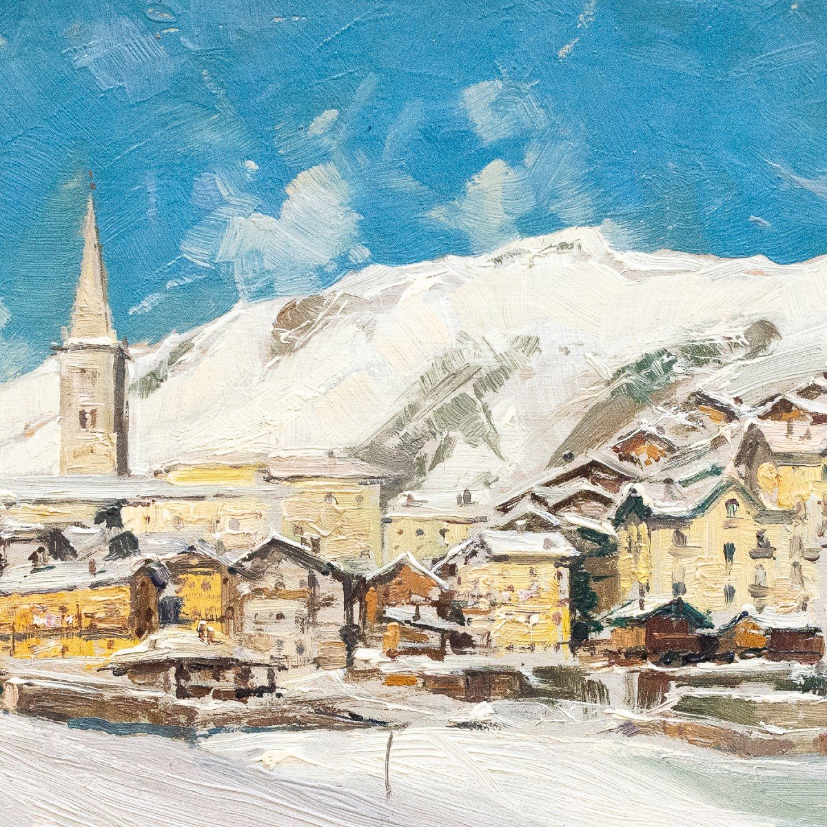 Giuseppe Gheduzzi, "Neve a Valtournenche", olio su tavola, firmato, Epoca '900-photo-1