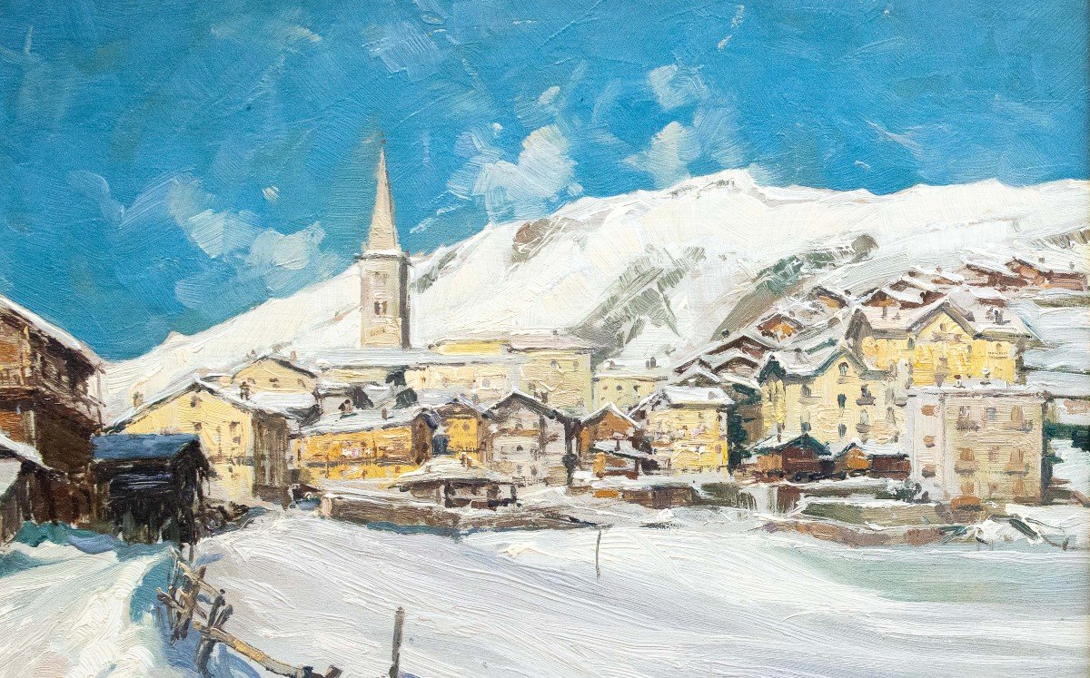 Giuseppe Gheduzzi, "Neve a Valtournenche", olio su tavola, firmato, Epoca '900-photo-2