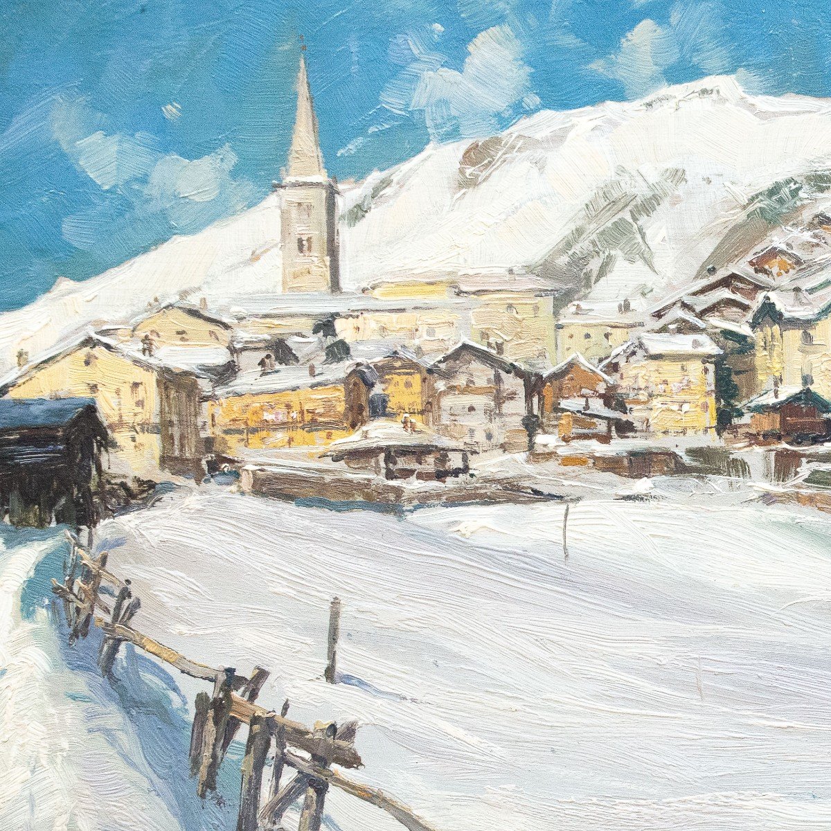 Giuseppe Gheduzzi, "Neve a Valtournenche", olio su tavola, firmato, Epoca '900-photo-3