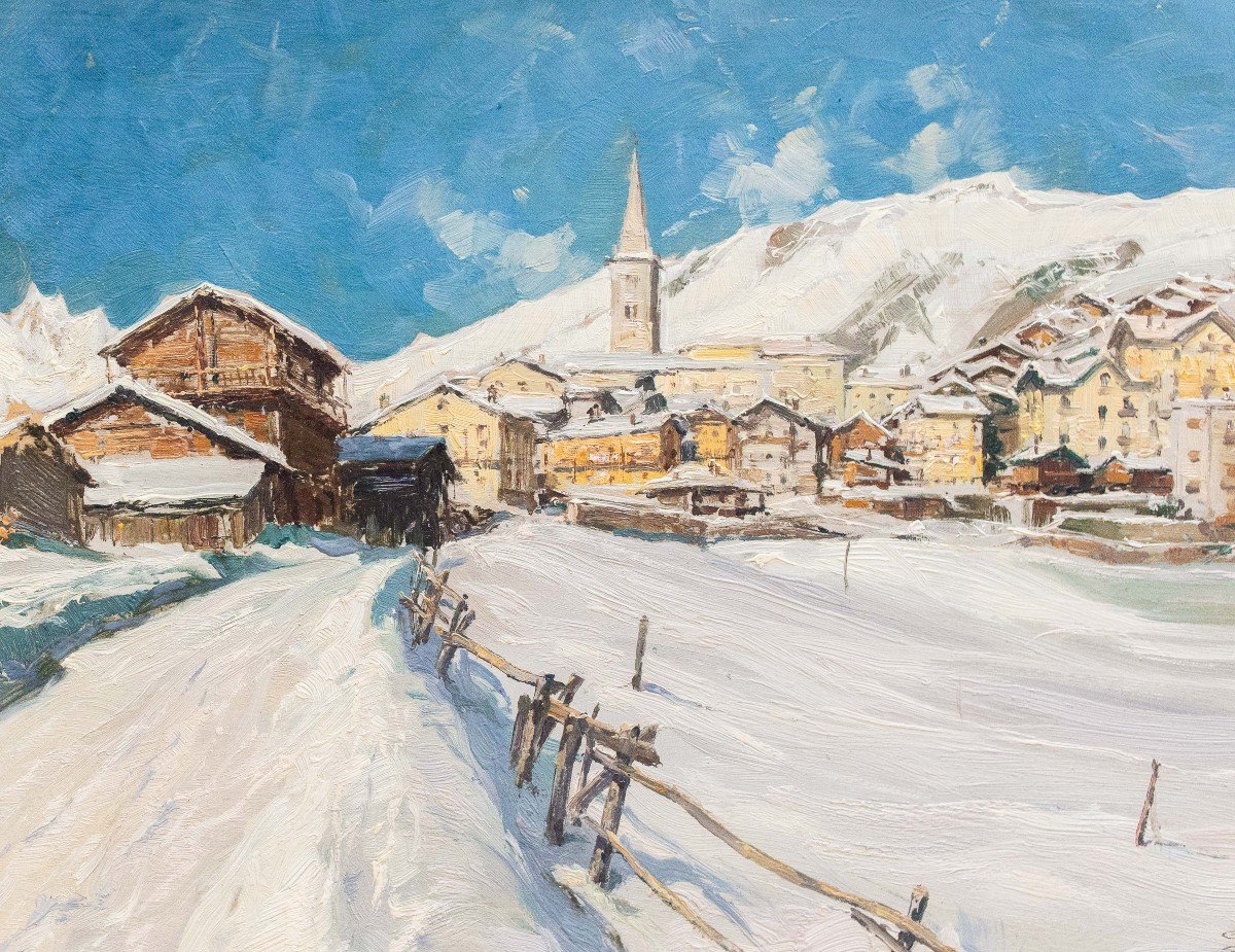 Giuseppe Gheduzzi, "Neve a Valtournenche", olio su tavola, firmato, Epoca '900-photo-4