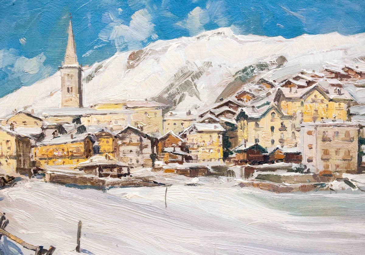 Giuseppe Gheduzzi, "Neve a Valtournenche", olio su tavola, firmato, Epoca '900-photo-5