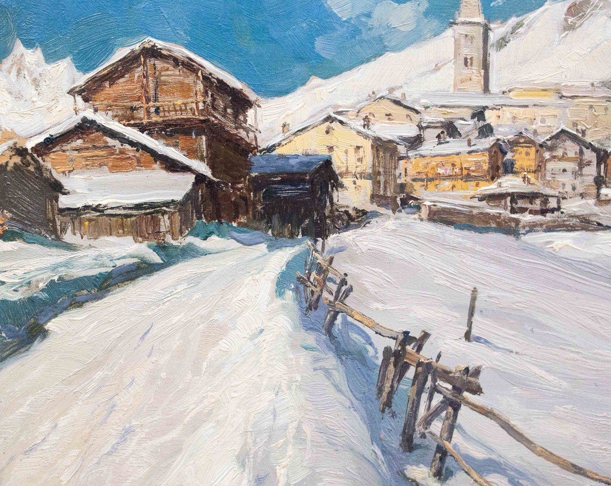 Giuseppe Gheduzzi, "Neve a Valtournenche", olio su tavola, firmato, Epoca '900-photo-6