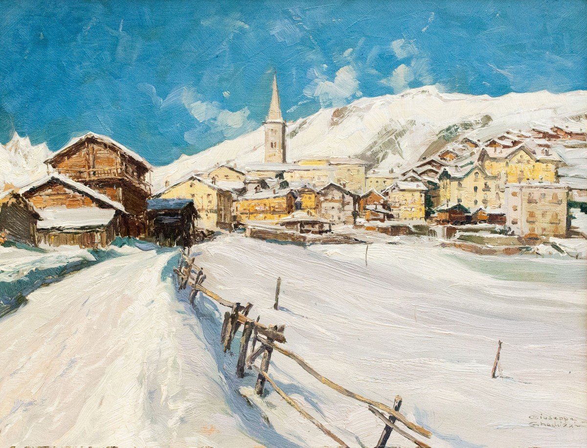 Giuseppe Gheduzzi, "Neve a Valtournenche", olio su tavola, firmato, Epoca '900