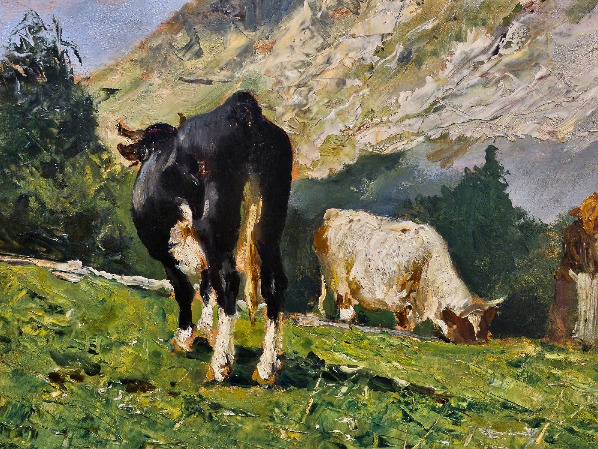 Lorenzo Delleani, "Mucche al pascolo in montagna", olio su tavoletta, 20.8.1903-photo-2