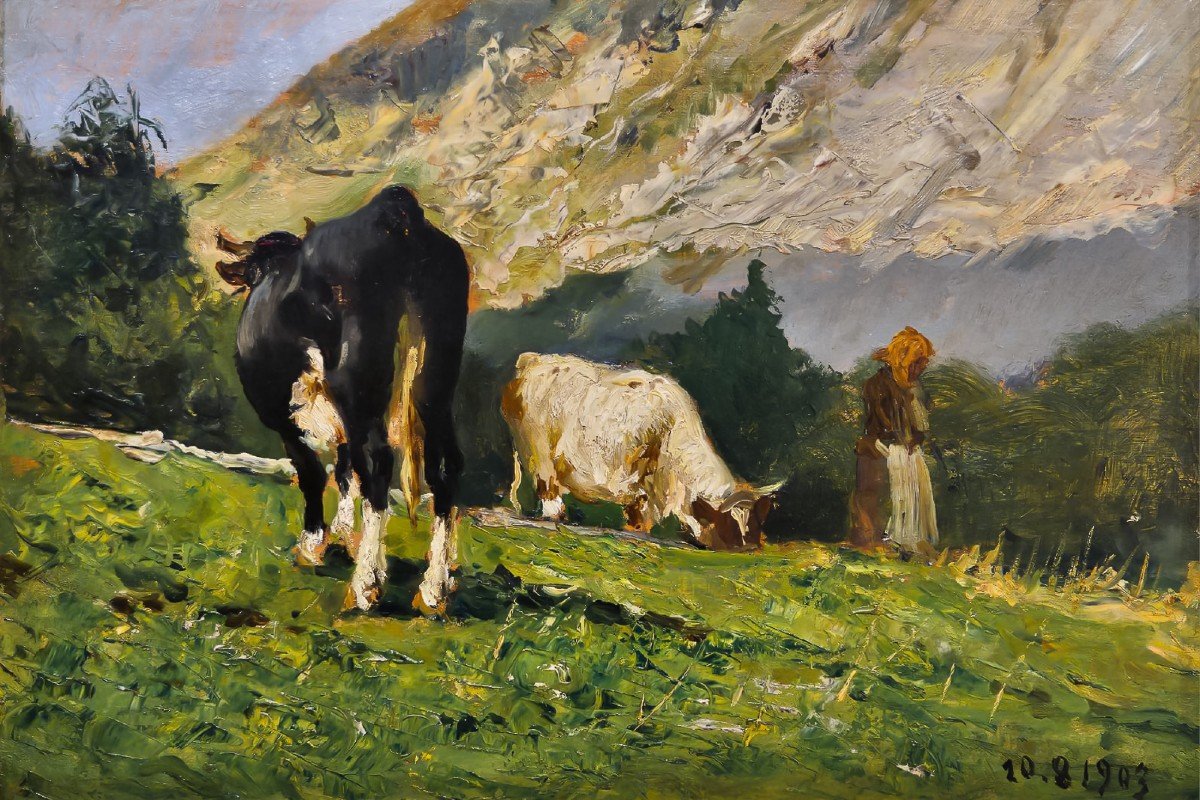 Lorenzo Delleani, "Mucche al pascolo in montagna", olio su tavoletta, 20.8.1903