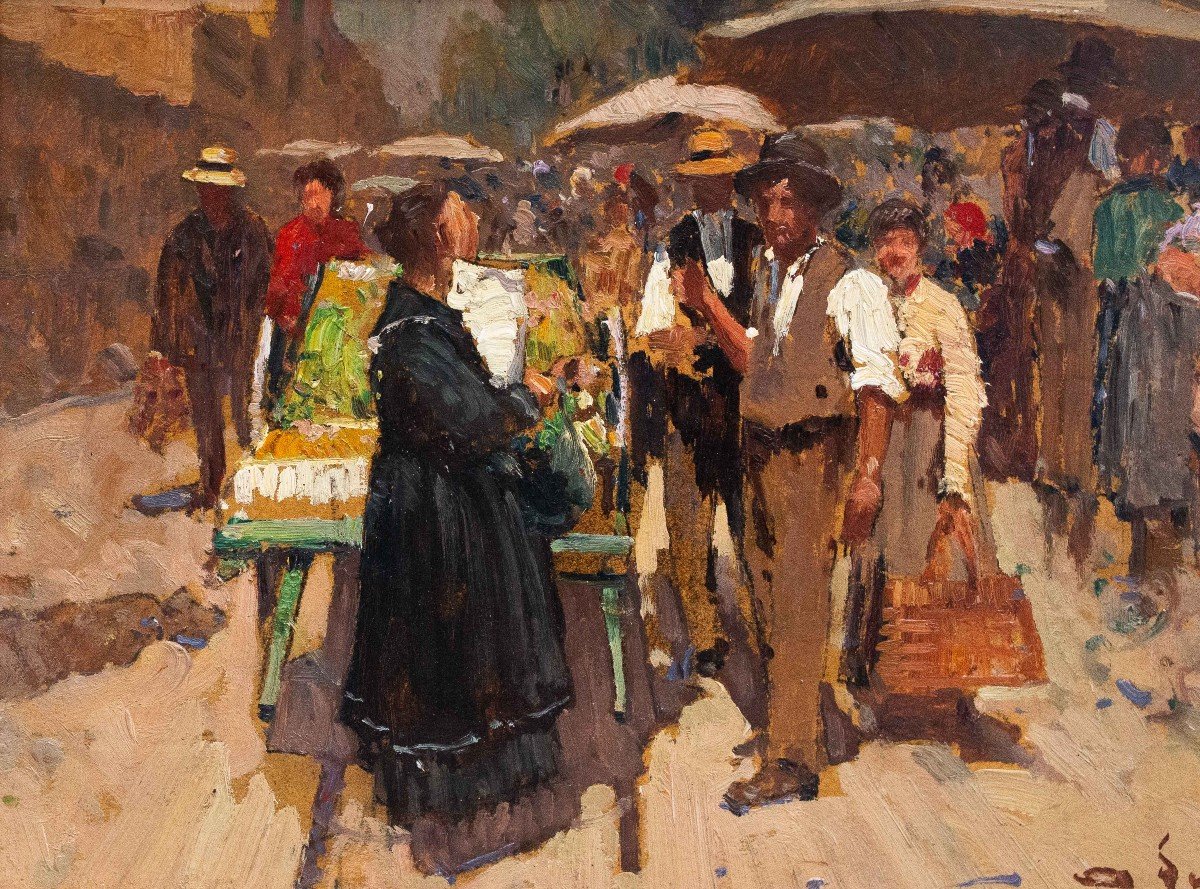 Alessandro Lupo, "Scena di Mercato", olio su cartone, Epoca '900-photo-3