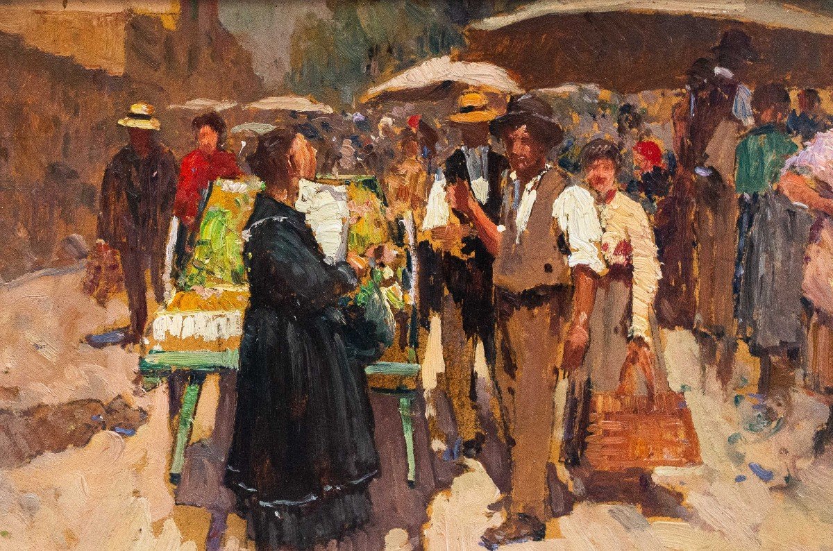 Alessandro Lupo, "Scena di Mercato", olio su cartone, Epoca '900-photo-4