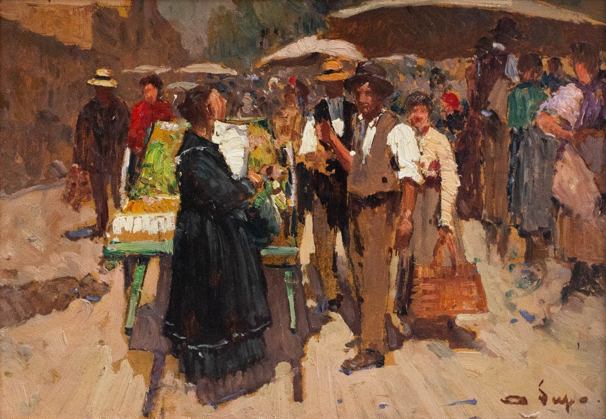 Alessandro Lupo, "Scena di Mercato", olio su cartone, Epoca '900