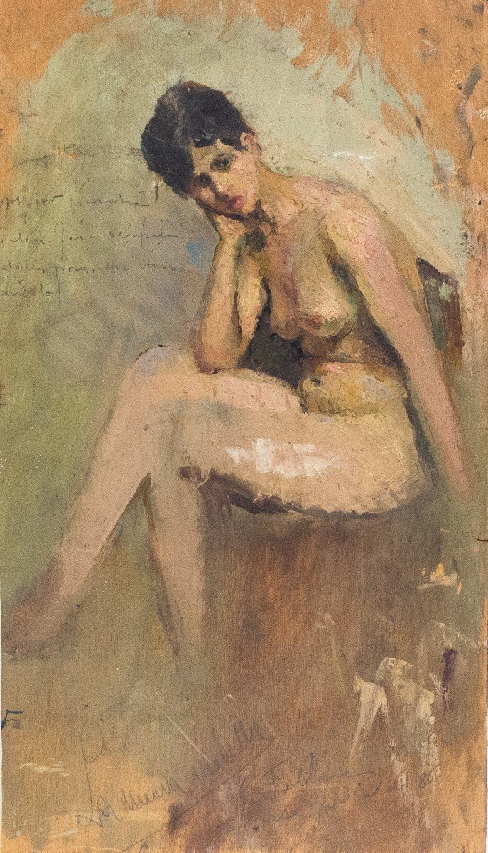 Cesare Tallone, "Nudi Femminili", olio su tavola, firmato, 1886-photo-3