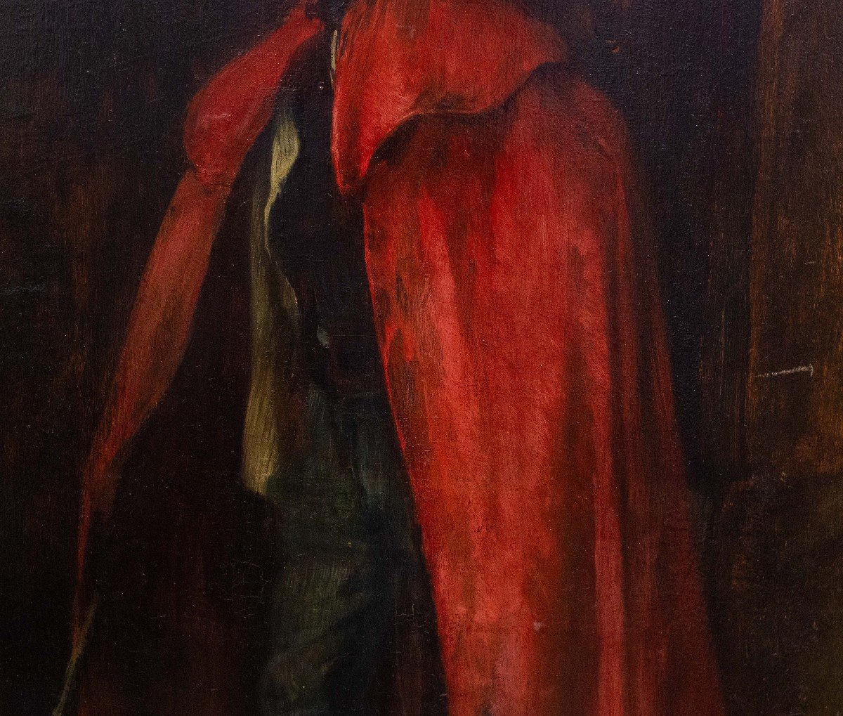 Giuseppe Bozzalla, "Uomo con mantello rosso", olio su tavola, firmato, Primi '900-photo-2