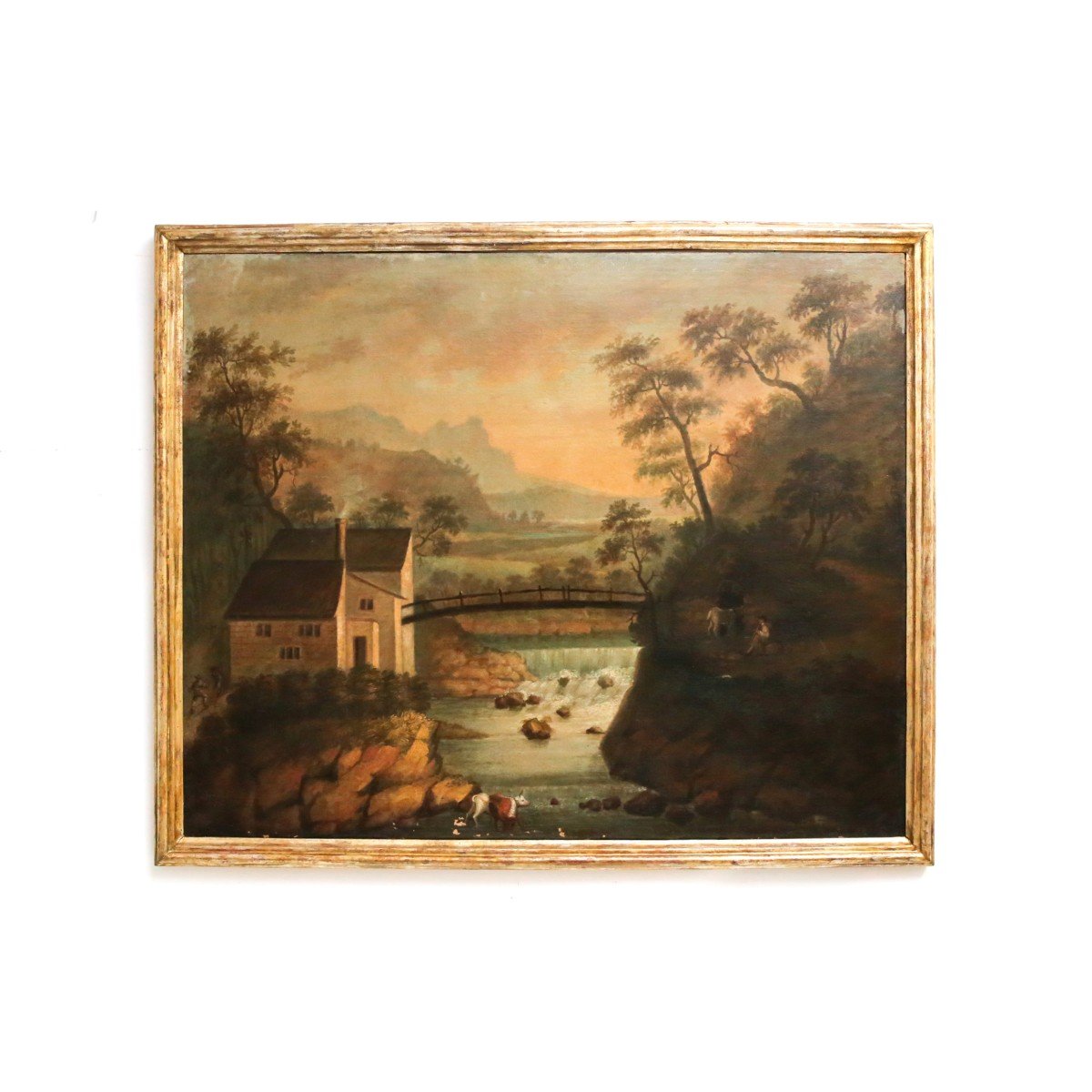 Grande peinture, huile sur toile, "Paysage de rivière avec personnages et animaux", 19ème s.-photo-2