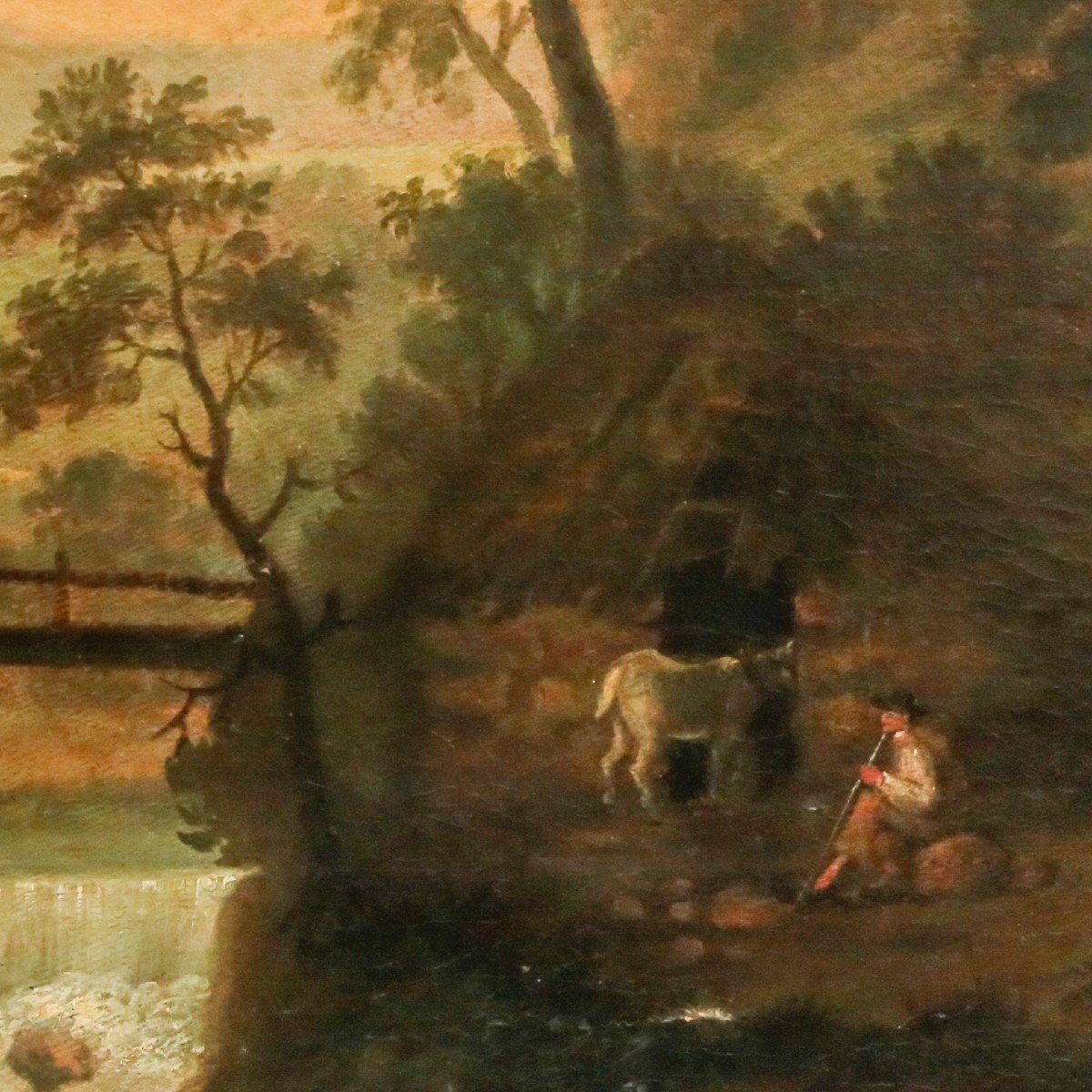 Grande peinture, huile sur toile, "Paysage de rivière avec personnages et animaux", 19ème s.-photo-4