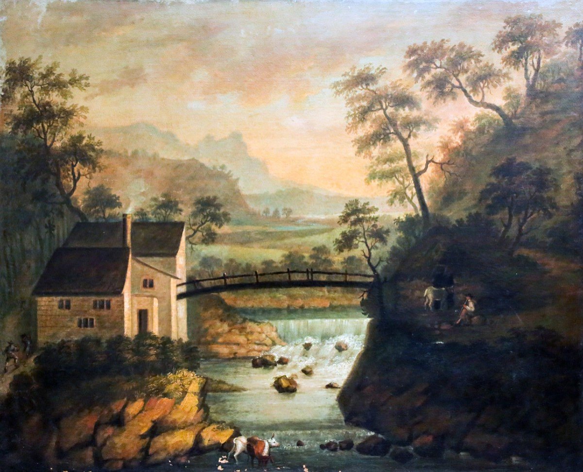 Grande peinture, huile sur toile, "Paysage de rivière avec personnages et animaux", 19ème s.