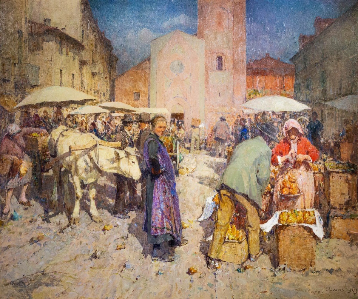 Marché Au Poivre à Chivasso Huile Sur Toile, 180 X 200 Cm Signé, Daté Et Situé 1919, En Bas à D