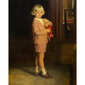 Harrington Mann, olio su tela, "Bambino con peluche", firmato, 1928