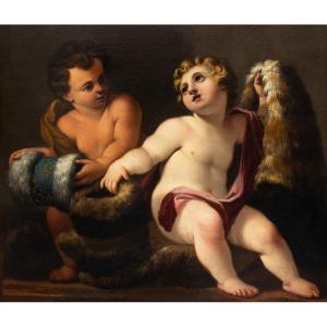 Antico dipinto, "Putti", olio su tela, Epoca '700