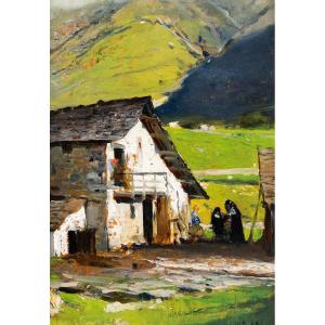 Lorenzo Delleani, olio su tavola, "Casa di Montagna", 1899