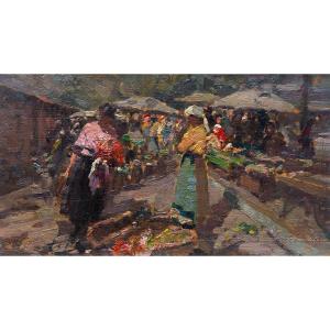 Olio su tavola, di Alessandro Lupo, "Mercato a Torino", firmato al retro, 1915