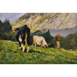 Lorenzo Delleani, "Mucche al pascolo in montagna", olio su tavoletta, 20.8.1903