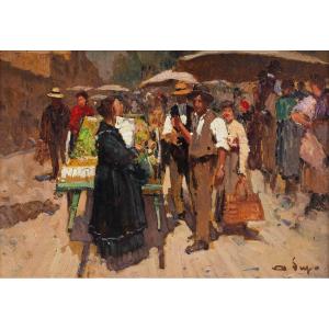 Alessandro Lupo, "Scena di Mercato", olio su cartone, Epoca '900