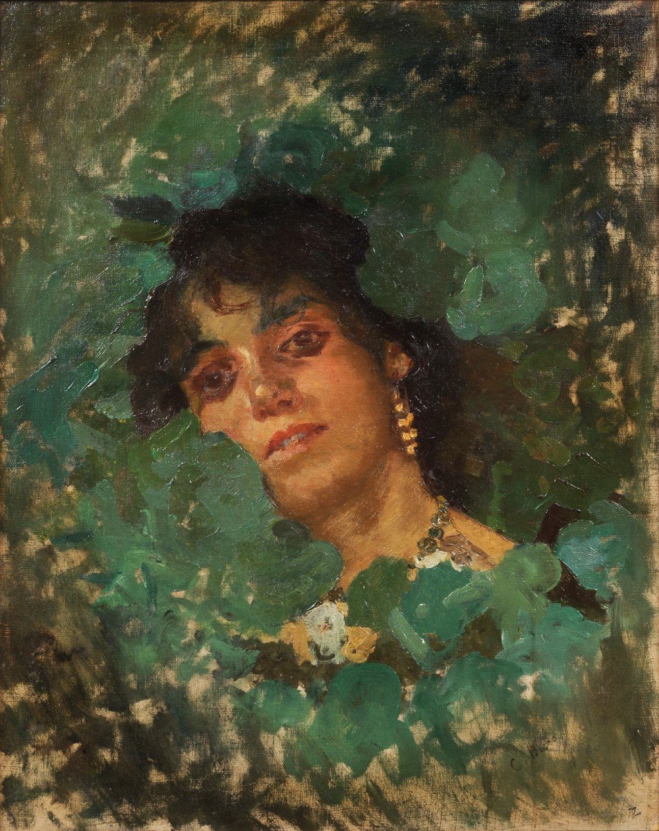 Cesare Biseo - Testa di giovane donna nella vegetazione