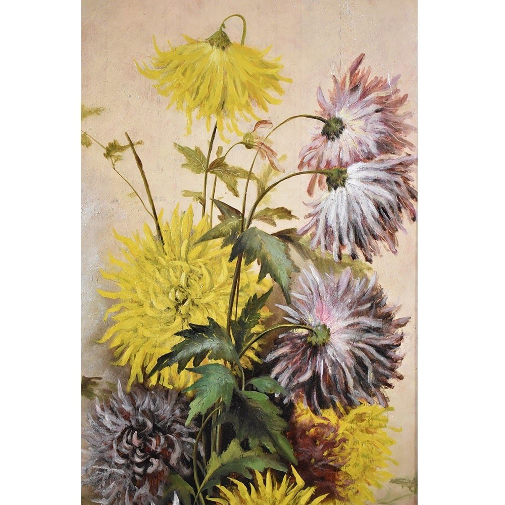 QUADRI ANTICHI, NATURA MORTA DI FIORI CON DALIE, OLIO SU TAVOLA, FINE DELL 800. (QF457)-photo-4