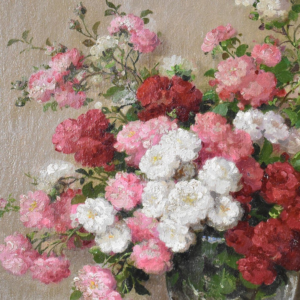 QUADRI ANTICHI, ART DECO, NATURA MORTA CON FIORI, PICCOLE ROSE, OLIO SU TELA, XX . (QF563)-photo-4