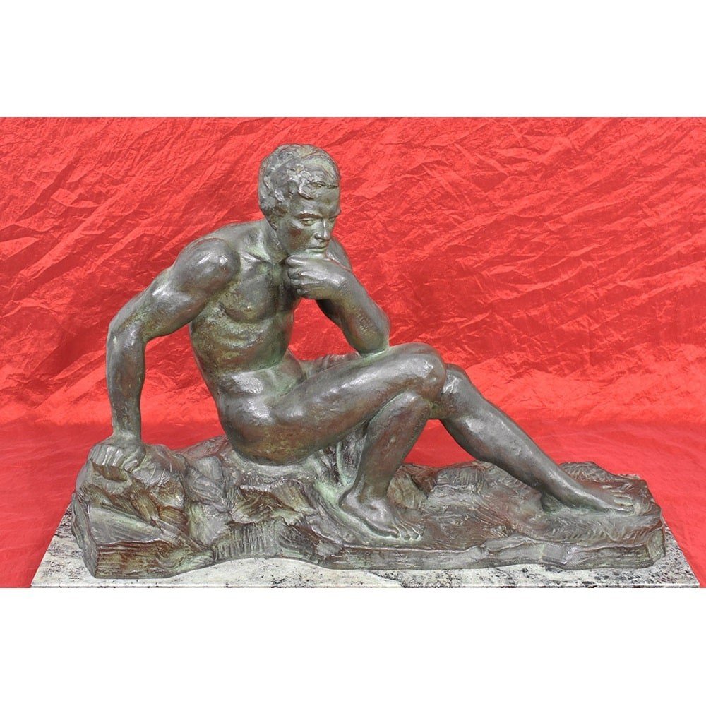 ART DECO, ANTICHE SCULTURE IN BRONZO, UOMO SEDUTO, SCULTORE FRANCESE, XX SECOLO. (STB79)  -photo-2