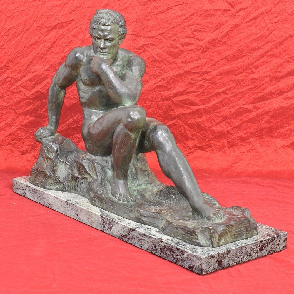 ART DECO, ANTICHE SCULTURE IN BRONZO, UOMO SEDUTO, SCULTORE FRANCESE, XX SECOLO. (STB79)  -photo-1