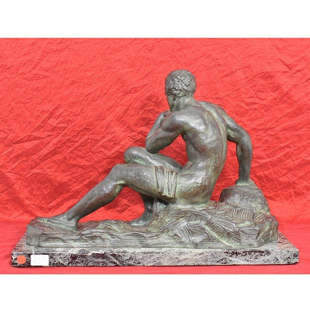 ART DECO, ANTICHE SCULTURE IN BRONZO, UOMO SEDUTO, SCULTORE FRANCESE, XX SECOLO. (STB79)  -photo-2