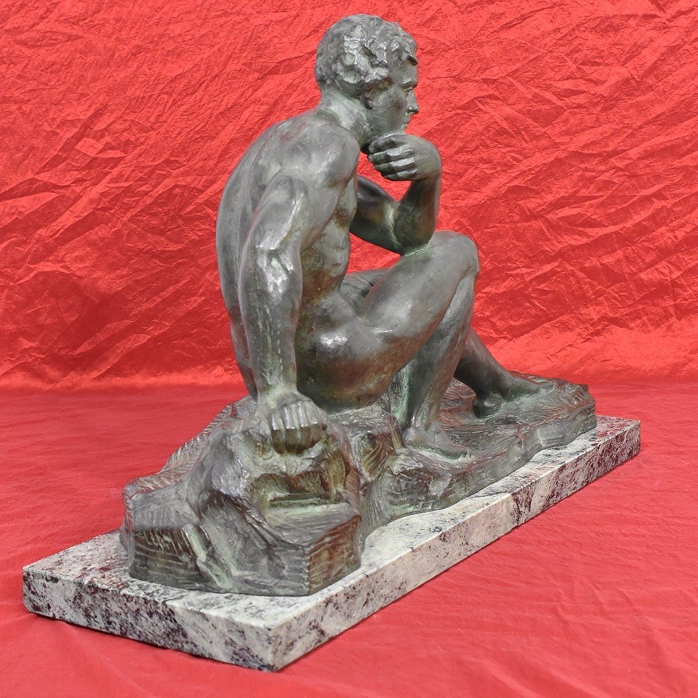 ART DECO, ANTICHE SCULTURE IN BRONZO, UOMO SEDUTO, SCULTORE FRANCESE, XX SECOLO. (STB79)  -photo-3