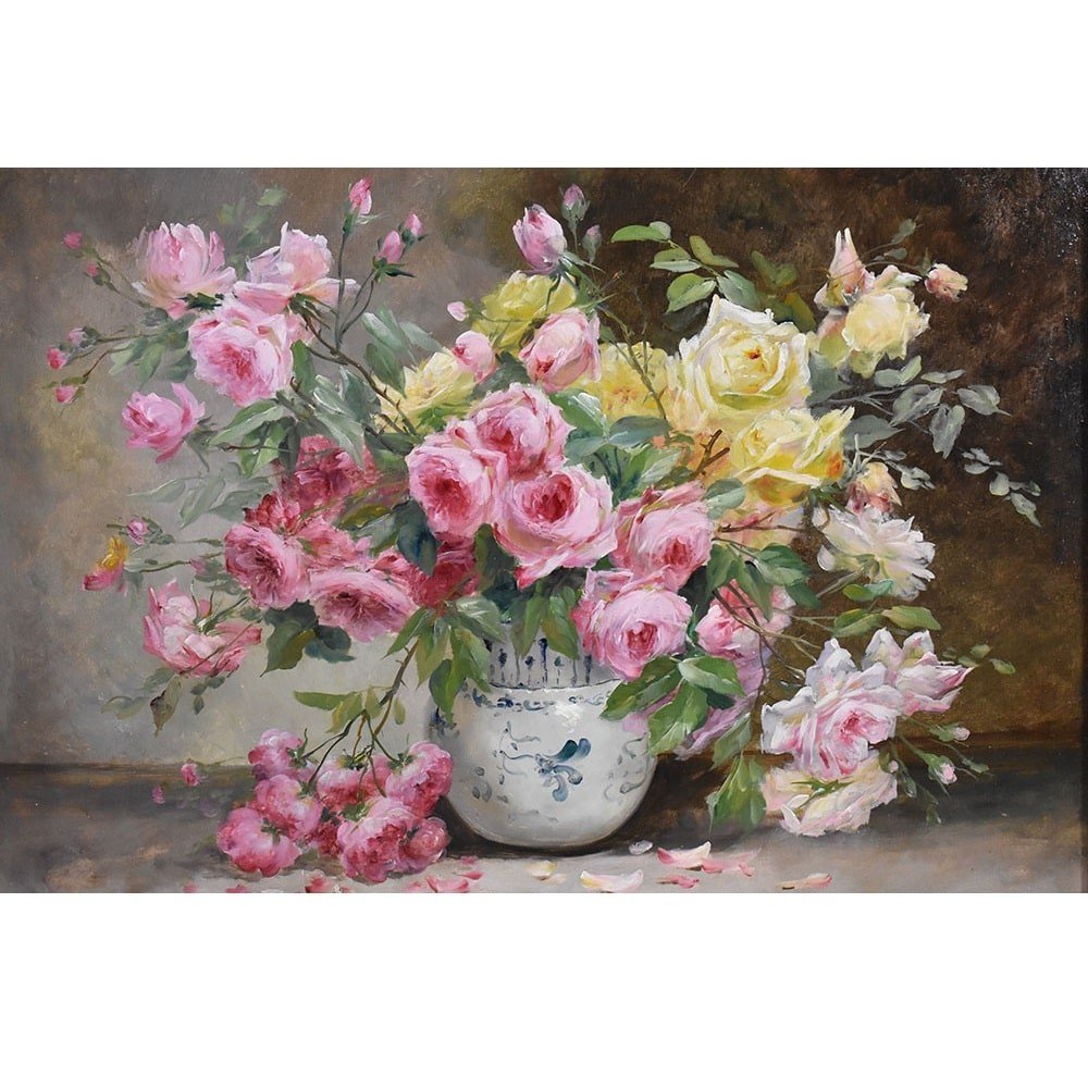 QUADRI ANTICHI, NATURA MORTA CON FIORI, VASO DI ROSE, OLIO SU TELA, DELL 800. (QF573)-photo-2