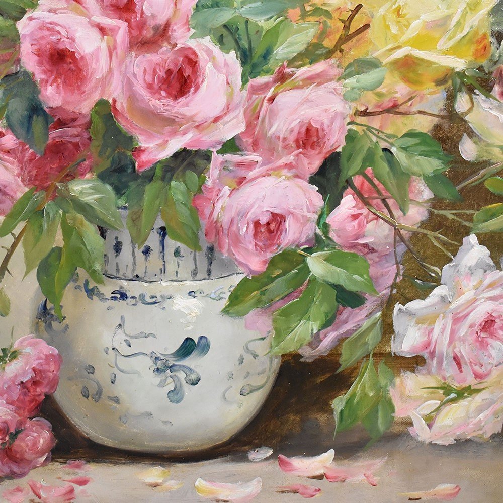 QUADRI ANTICHI, NATURA MORTA CON FIORI, VASO DI ROSE, OLIO SU TELA, DELL 800. (QF573)-photo-2