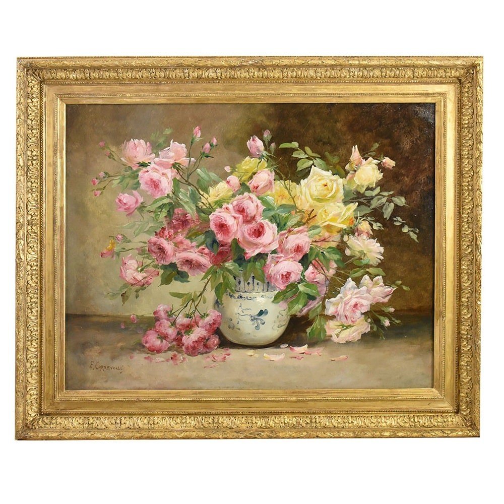 QUADRI ANTICHI, NATURA MORTA CON FIORI, VASO DI ROSE, OLIO SU TELA, DELL 800. (QF573)