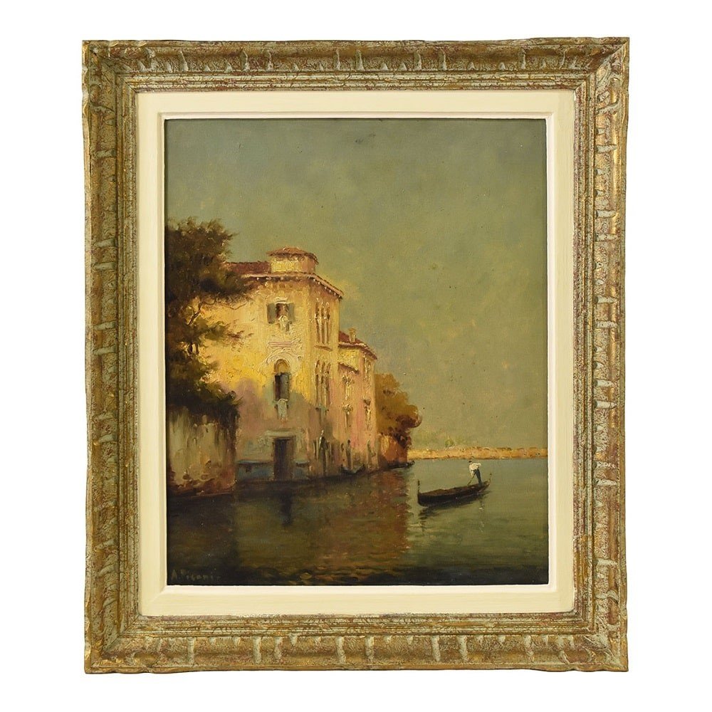 DIPINTI ANTICHI, QUADRI VEDUTA DI VENEZIA E GONDOLA, OLIO SU TELA, XX SECOLO. (QP580)