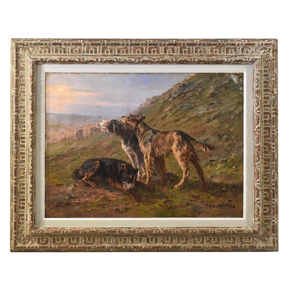 QUADRO ANTICO DI CANI PASTORI, MARIE CALVES,  DIPINTI DI CANI, XX SECOLO. (QA585)