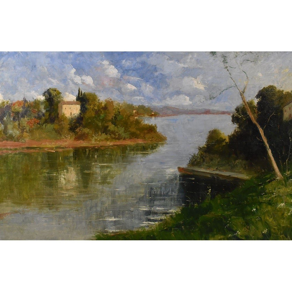 QUADRO ANTICO PAESAGGIO, OLIO SU TELA, PAESAGGIO CON FIUME, XX SECOLO. (QP586)-photo-2