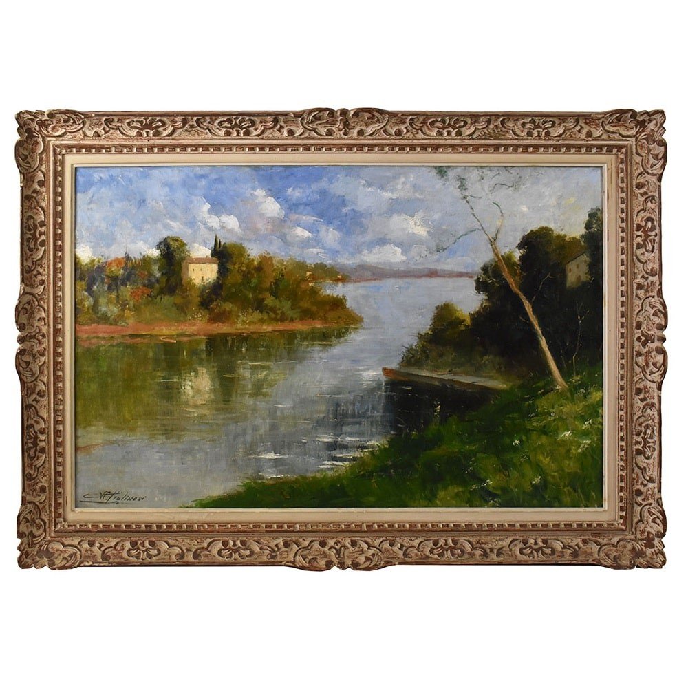 QUADRO ANTICO PAESAGGIO, OLIO SU TELA, PAESAGGIO CON FIUME, XX SECOLO. (QP586)