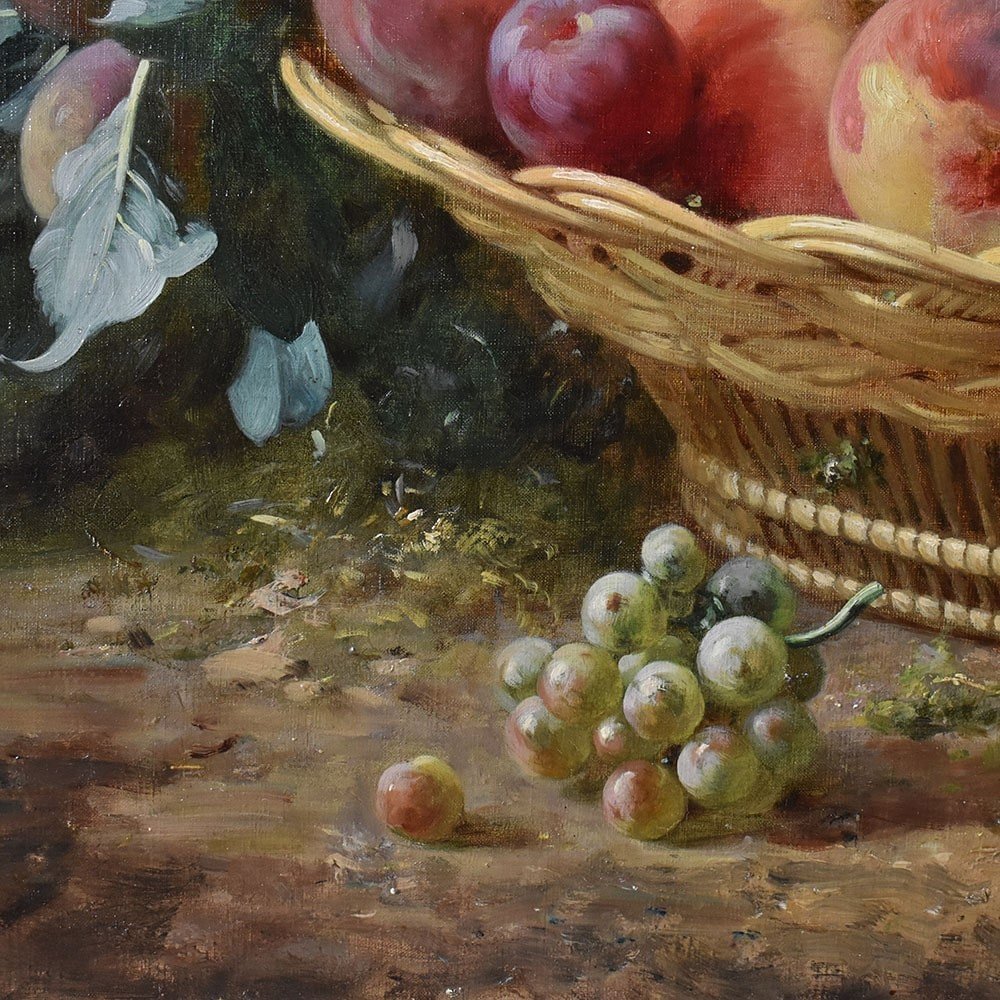 DIPINTI ANTICHI, NATURA MORTA  CON FRUTTA, CESTO DI  PESCHE E PRUGNE, OLIO SU TELA, XIX.(QNM590-photo-2