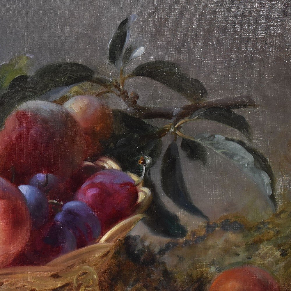 DIPINTI ANTICHI, NATURA MORTA  CON FRUTTA, CESTO DI  PESCHE E PRUGNE, OLIO SU TELA, XIX.(QNM590-photo-3