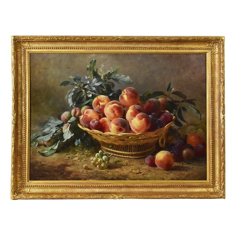 DIPINTI ANTICHI, NATURA MORTA  CON FRUTTA, CESTO DI  PESCHE E PRUGNE, OLIO SU TELA, XIX.(QNM590