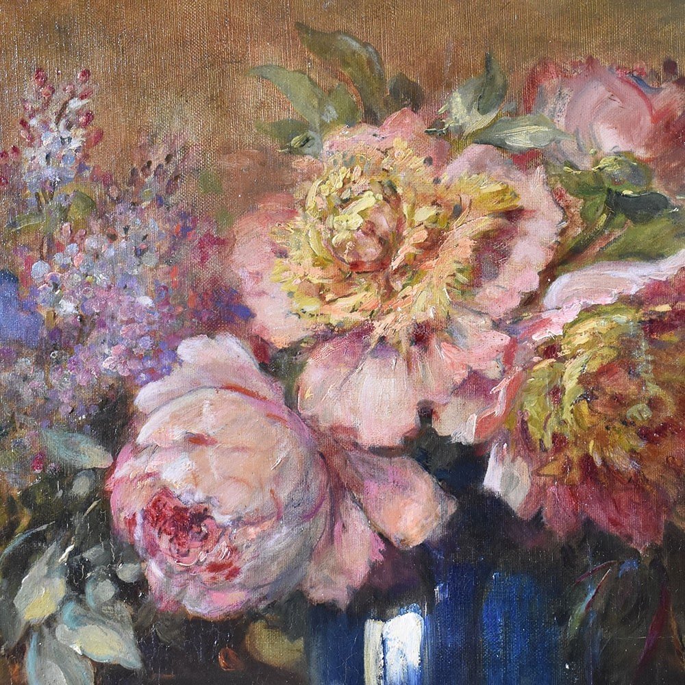 QUADRI ANTICHI, NATURA MORTA  FIORI CON PEONIE E ROSE, OLIO SU TELA, DI EPOCA 800. (QF594)-photo-1