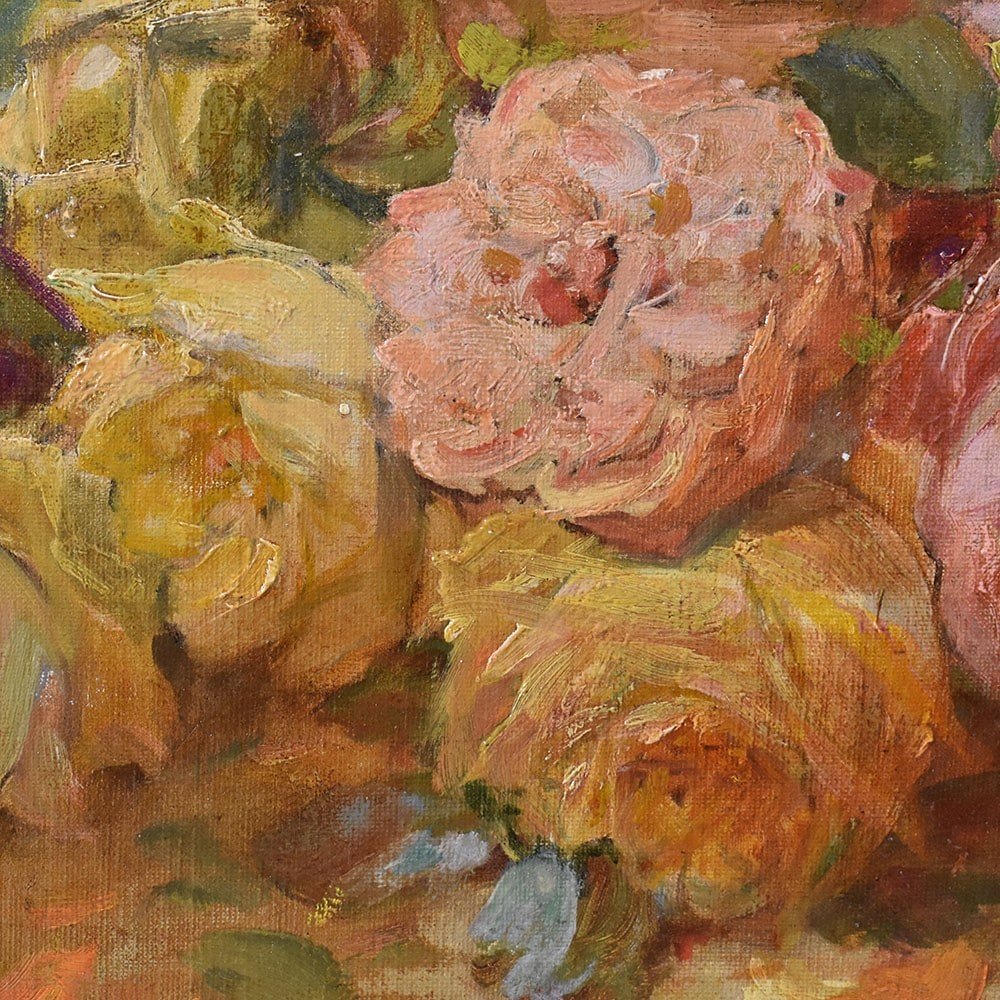 QUADRI ANTICHI, NATURA MORTA  FIORI CON PEONIE E ROSE, OLIO SU TELA, DI EPOCA 800. (QF594)-photo-4