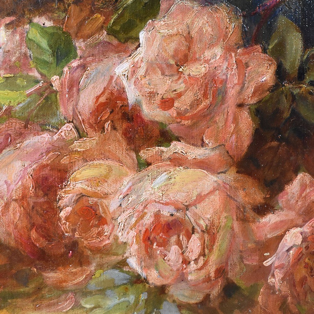 QUADRI ANTICHI, NATURA MORTA  FIORI CON PEONIE E ROSE, OLIO SU TELA, DI EPOCA 800. (QF594)-photo-5