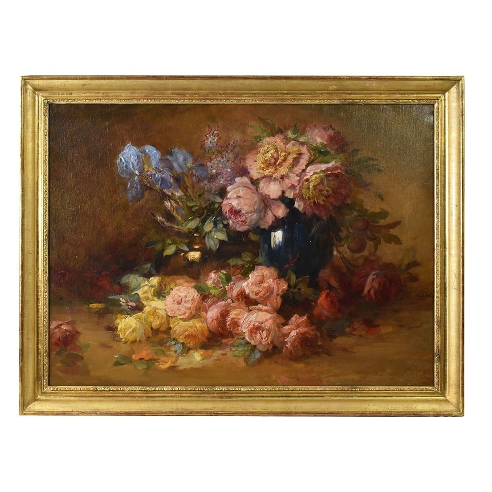 QUADRI ANTICHI, NATURA MORTA  FIORI CON PEONIE E ROSE, OLIO SU TELA, DI EPOCA 800. (QF594)